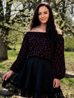 Polka dot Black Chiffon Off Shoulder Blouse | Sheer Puff Sleeve romantic top